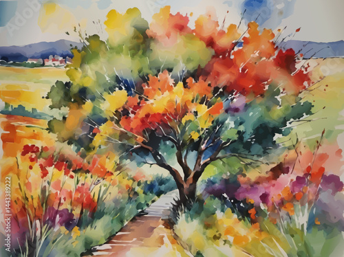 watercolor spring landscape with tree and meadows vector illustration