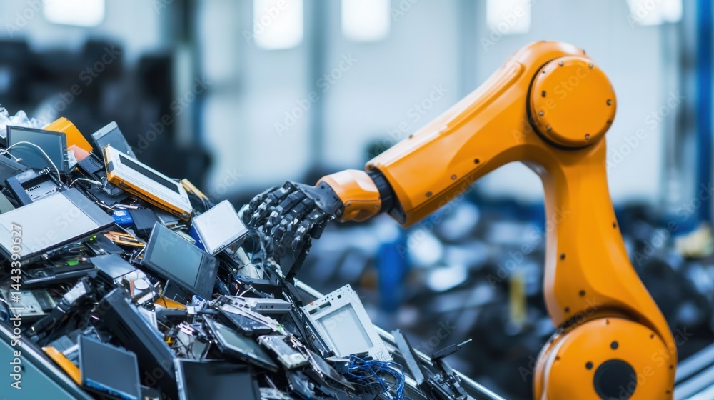 Recycling Plant Workers Sorting Electronics on Conveyor Belt Concept, Advanced Robotic Arm Scanning and Sorting Electronic Waste in High-Tech Recycling Facility
