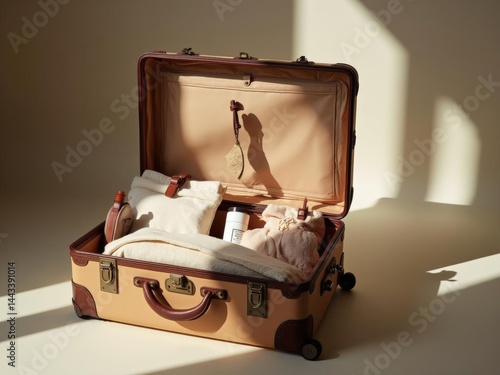 A beige vintage suitcase filled with travel essentials including a blanket, pouches, and a small bottle. Sunlight casts shadows enhancing the image aesthetic.