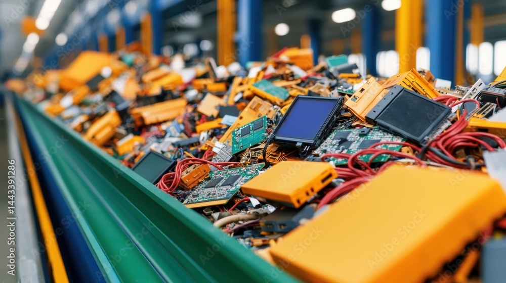 Recycling Plant Workers Sorting Electronics on Conveyor Belt Concept, Colorful Electronic Waste Piled High on Conveyor Belt in Recycling Facility