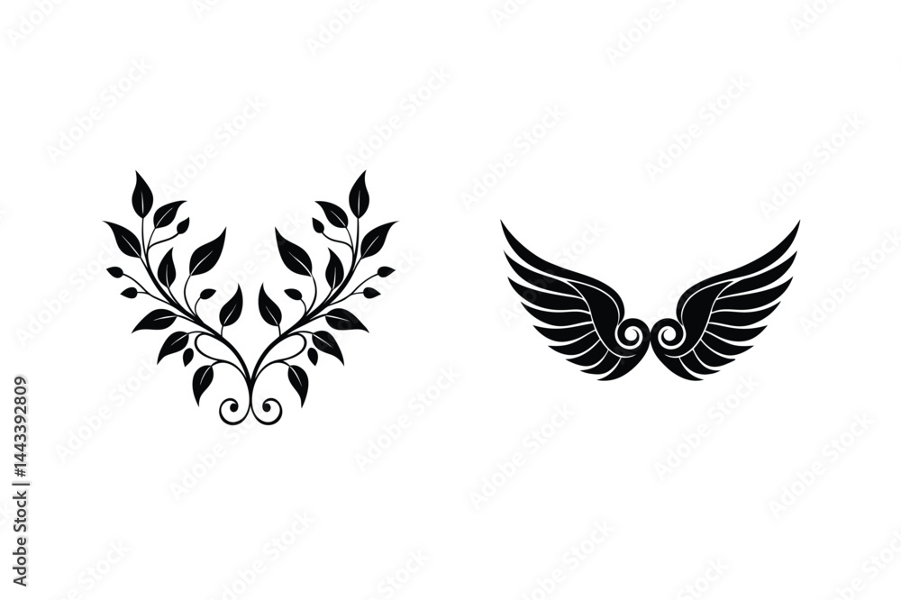 Obraz premium Decorative Flourish Elements Floral Branch And Angel Wings Vector Black Silhouettes Isolated