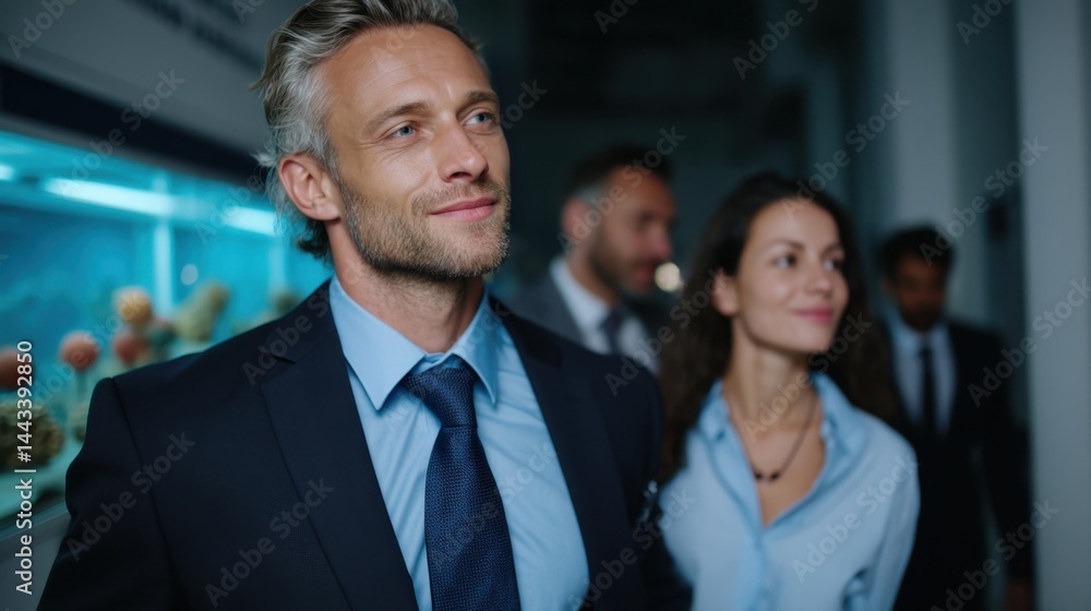 Businesspeople Attending a Conference or Event in a Modern Indoor Setting with Aquariums Background Businesspeople Attending a Conference or Event in a Modern Indoor Setting with Aquariums Background