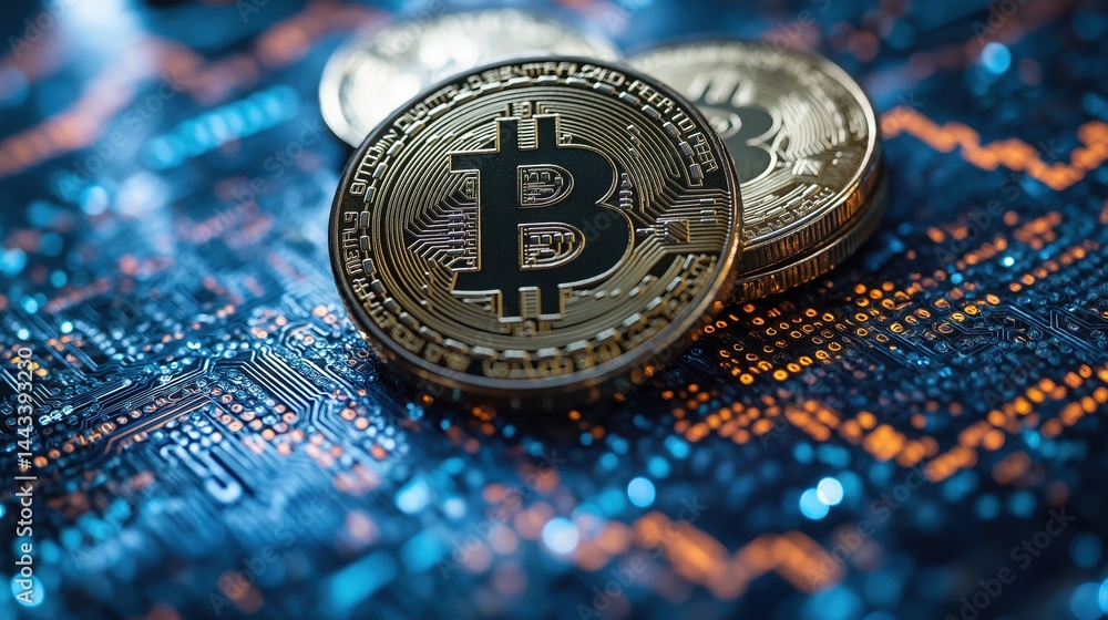 Floating Bitcoin coins with financial graphs in a digital space showcasing cryptocurrency trends and market analytics