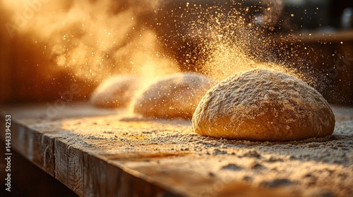 Freshly baked loaves of bread dusted with flour