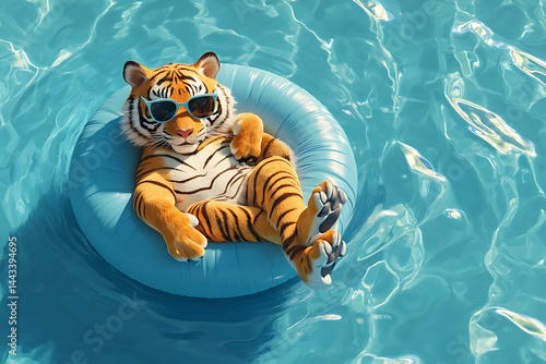A playful tiger wearing sunglasses relaxes on a blue float in a shimmering pool under sunlight