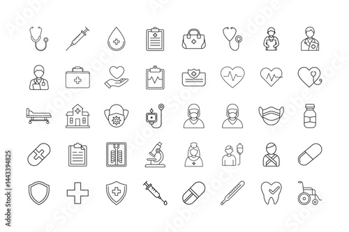 Healthcare and Medical Line Icons Set Hospital, Doctor, Nurse, Medicine, Emergency Care, Vaccination, Diagnostics, Health Insurance, and Medical Equipment in Minimal Outline Styley