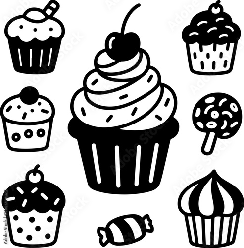 Collection of Delicious Black and White Cupcake Silhouettes