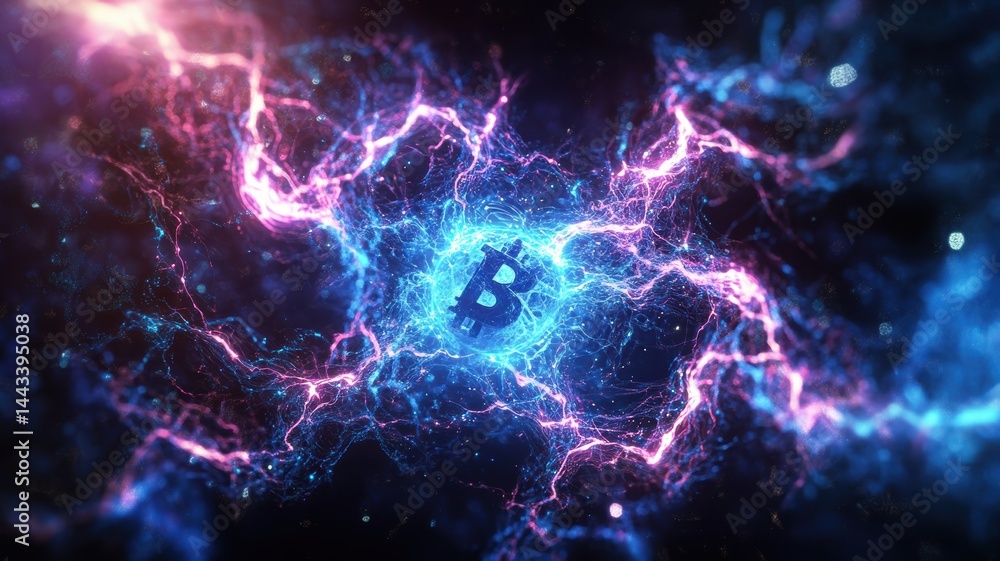 Electrifying bitcoin symbol amidst dynamic blue and pink energy currents illustrating cryptocurrency power and vibrancy. Infrastructure crypto mining Electrifying bitcoin symbol amidst dynamic blue and pink energy currents illustrating cryptocurrency power and vibrancy. Infrastructure crypto mining