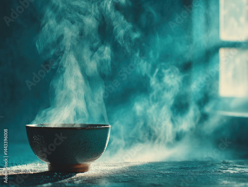 A bowl of steaming soup wit...