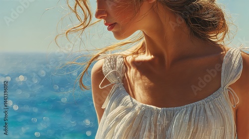 Woman by ocean, summer sun