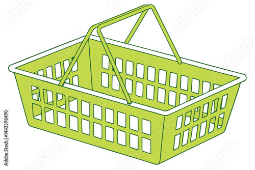 12 Bright green plastic shopping basket, perforated design, rectangular shape, empty interior, handles up, top view, clean lines, vibrant color, retail accessory, grocery store item, lightweight conta