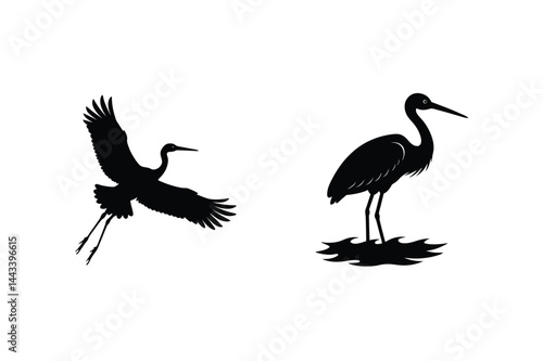 Heron Silhouette Duo Flying And Standing Elegant Bird Vector Illustration