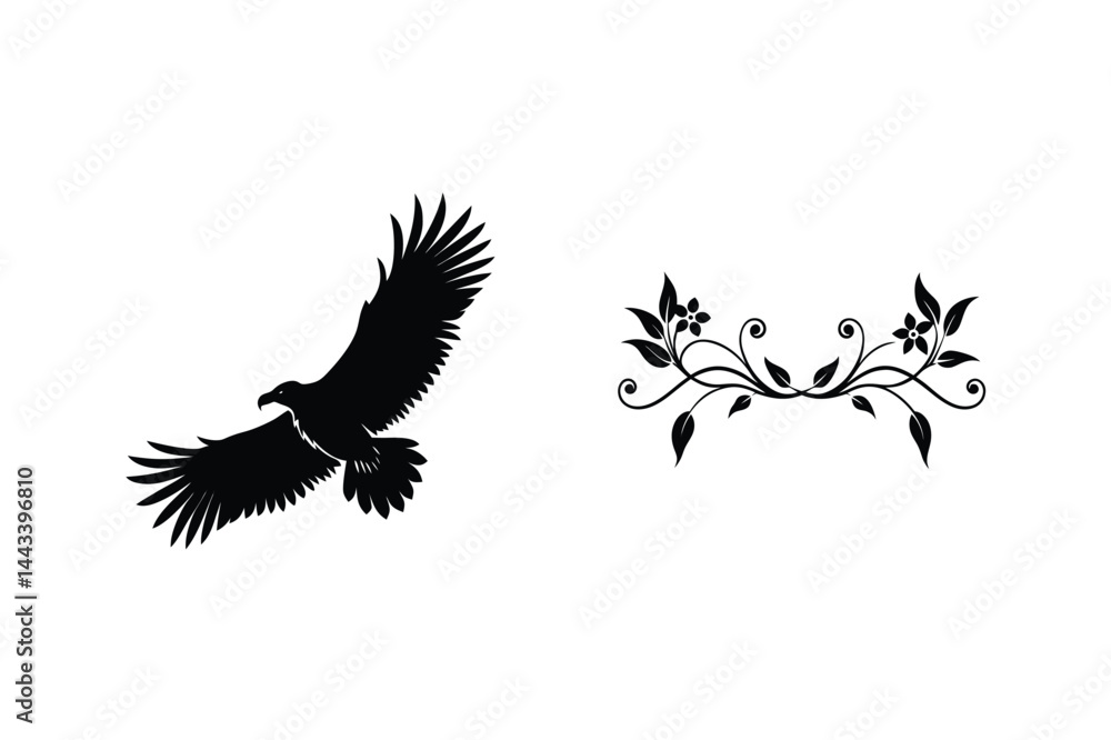 Obraz premium Eagle Silhouette Flying With Floral Design Elements On White Background Graphics