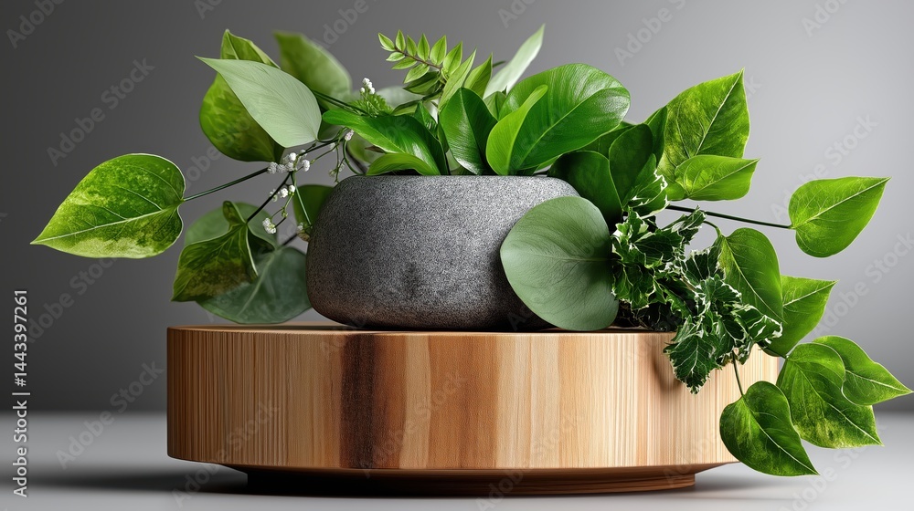 Natural wood pedestal showcasing vibrant green leaves for eco-friendly displays in a serene setting