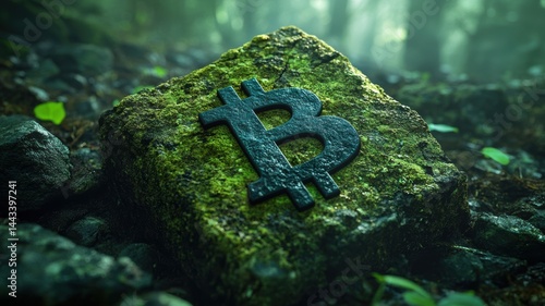Ancient stone in forest with moss-grown bitcoin symbol illuminated by gentle light, symbolizing nature's intersection with cryptocurrency in greenery. Infrastructure crypto mining