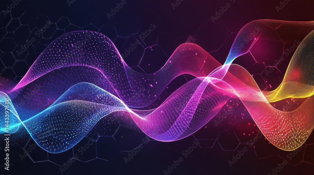 Fototapeta premium Abstract colorful wave background with hexagon pattern. Concept of technology, science, digital communication, and futuristic design.