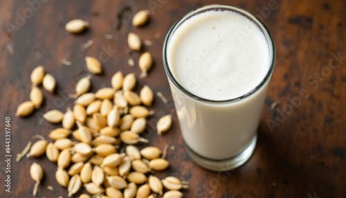 A glass of barley milk sits on a wooden surface next to a small pile of barley grains.