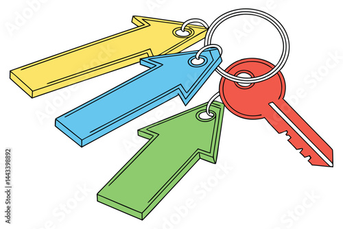 13 Colorful plastic key tags, arrow-shaped labels, vibrant yellow blue green red, organization system, keychain organizer, flat lay, minimalist design, office supplies, clean background, simplified sh