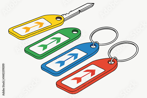13 Colorful plastic key tags, arrow-shaped labels, vibrant yellow blue green red, organization system, keychain organizer, flat lay, minimalist design, office supplies, clean background, simplified sh