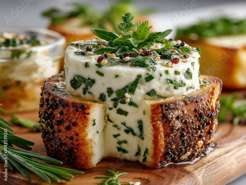 A slice of bread topped with creamy white cheese and herbs