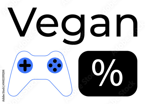 Word Vegan paired with a gaming controller and a percentage icon. Ideal for veganism, gaming, awareness, analytics, digital lifestyle, marketing, minimalism. Flat simple metaphor