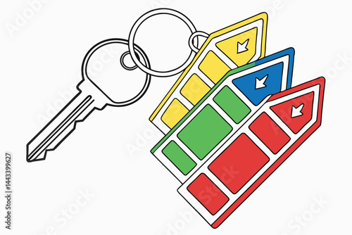 13 Colorful plastic key tags, arrow-shaped labels, vibrant yellow blue green red, organization system, keychain organizer, flat lay, minimalist design, office supplies, clean background, simplified sh