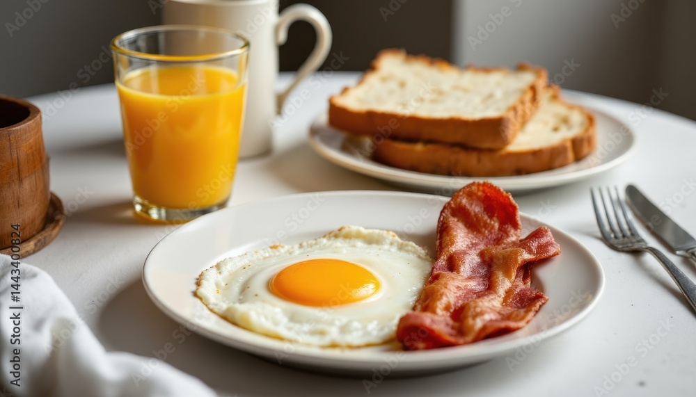 Classic breakfast with fried egg, crispy bacon, toast, and a glass of orange juice on a white table. Classic breakfast with fried egg, crispy bacon, toast, and a glass of orange juice on a white table.