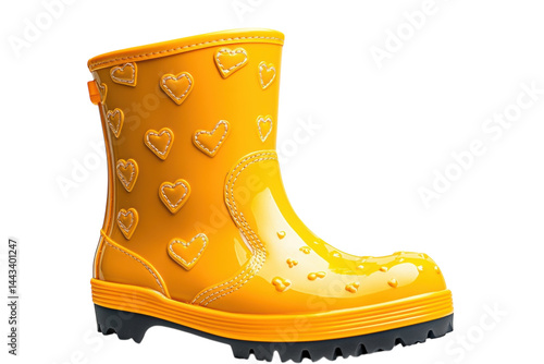 Adorable yellow rain boots for kids adorned with stitched hearts perfect for rainy day fun on transparent background