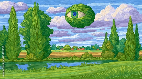 Surreal landscape view, green fields, blue skies and a giant floating eye gazing below
