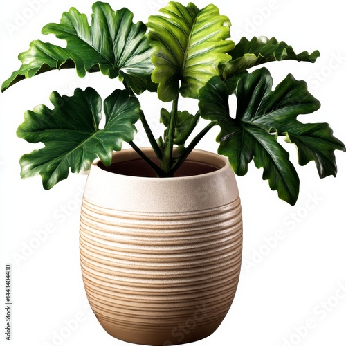 Obraz na płótnie Lush Green Split-Leaf Philodendron in a Textured Ceramic Pot, Modern Indoor Plant Decor on Clean White Backdrop w salonie