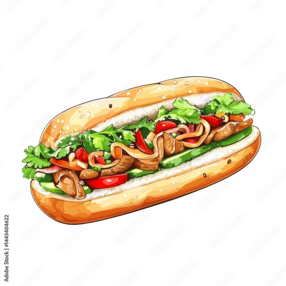 Vibrant gastronomic delight, an inviting bread masterpiece with layered ingredients on isolated background Vibrant gastronomic delight, an inviting bread masterpiece with layered ingredients on isolated background