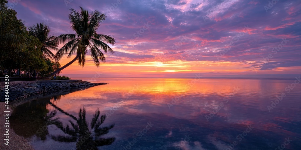 Obraz premium Serene sunset over calm water with palm trees