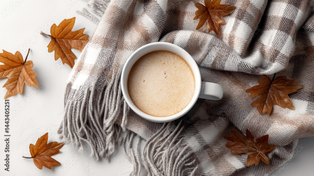 Overhead view of a pumpkin spice latte on a warm plaid scarf with autumn leaves, creating a cozy and inviting autumnal scene Overhead view of a pumpkin spice latte on a warm plaid scarf with autumn leaves, creating a cozy and inviting autumnal scene