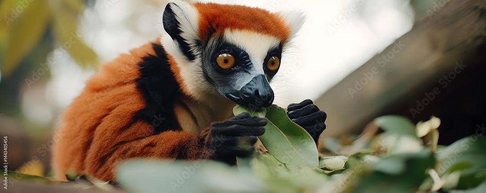 Fototapeta premium Red ruffed lemur enjoys a leafy meal in natural habitat