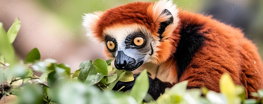 Fototapeta premium Red ruffed lemur eating leaves in its natural habitat