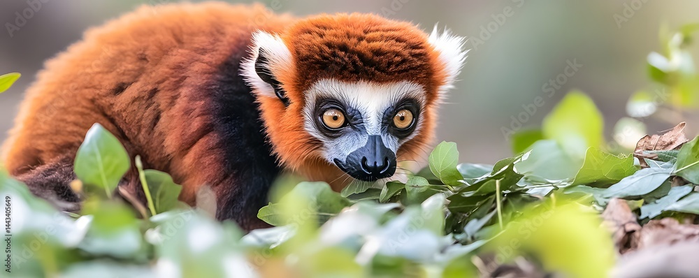 Fototapeta premium Red ruffed lemur peers through the leaves on the ground