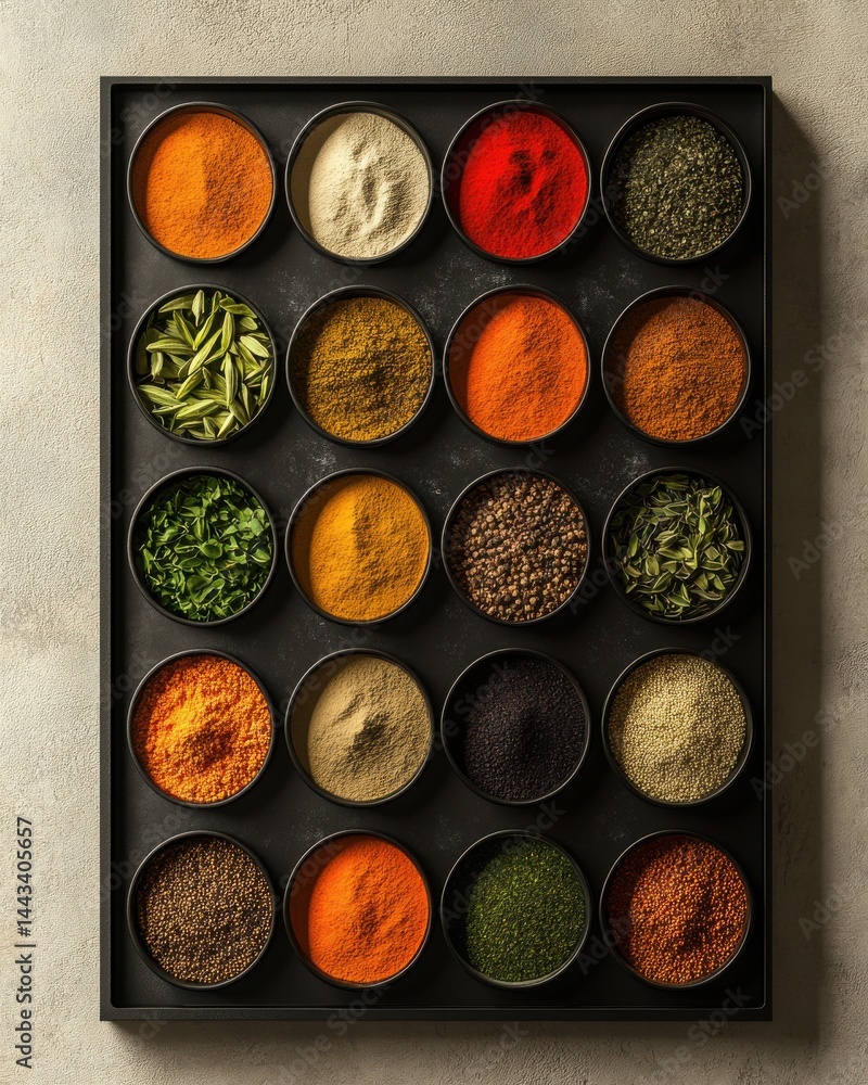 A vibrant array of assorted spices displayed in round containers on a textured background. A vibrant array of assorted spices displayed in round containers on a textured background.