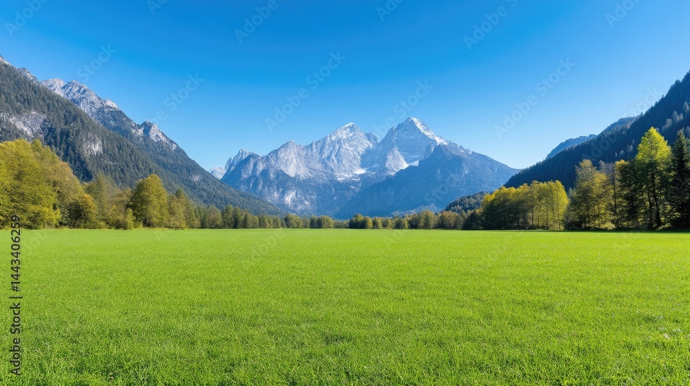 Fototapeta premium Alpine Meadow Snow-capped Mountains Vibrant Landscape High-resolution Vivid Colors Wide Landscape View Lush Green Grass Tranquil Serenity Breathtaking Scenery Ideal for Travel Brochures