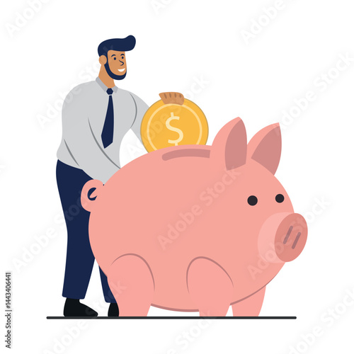 Man putting money into piggy bank, concept ofinvestment, financial literacy, saving or income. Flat vector illustration.