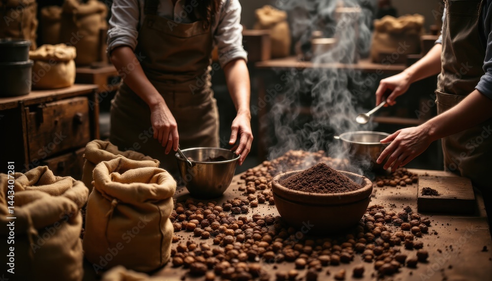 Two people prepare freshly ground coffee in a rustic setting, surrounded by burlap sacks and steaming bowls of coffee beans. Two people prepare freshly ground coffee in a rustic setting, surrounded by burlap sacks and steaming bowls of coffee beans.