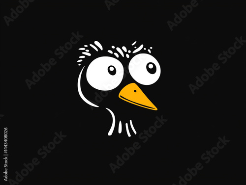 Playful Bird Cartoon  Big Eyes  Cute Character  Black Background  Funny Animal Illustratio