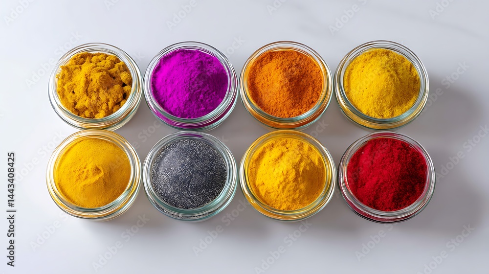 Overhead view of eight small glass jars filled with brightly colored powders on white surface Overhead view of eight small glass jars filled with brightly colored powders on white surface