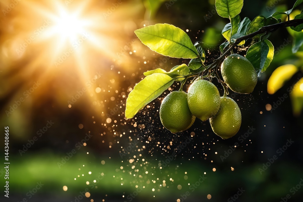 Vibrant lime tree branch with ripe limes in sunny organic garden setting