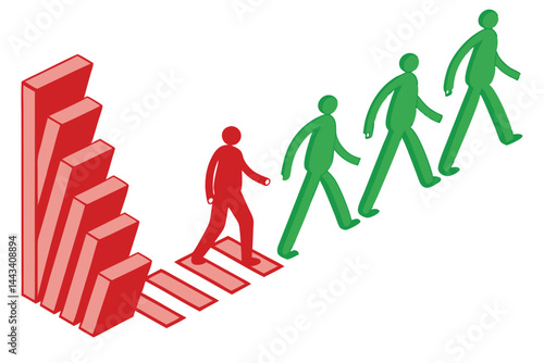 16 3D illustration, stylized human figures, domino effect, leadership concept, red leader figure, green follower figures, minimalist design, clean background, abstract representation, corporate teamwo
