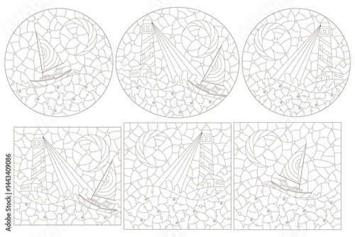 A set of contour illustrations in the style of a stained glass window with a seascape, a lighthouse and a boat, outlines on a white background