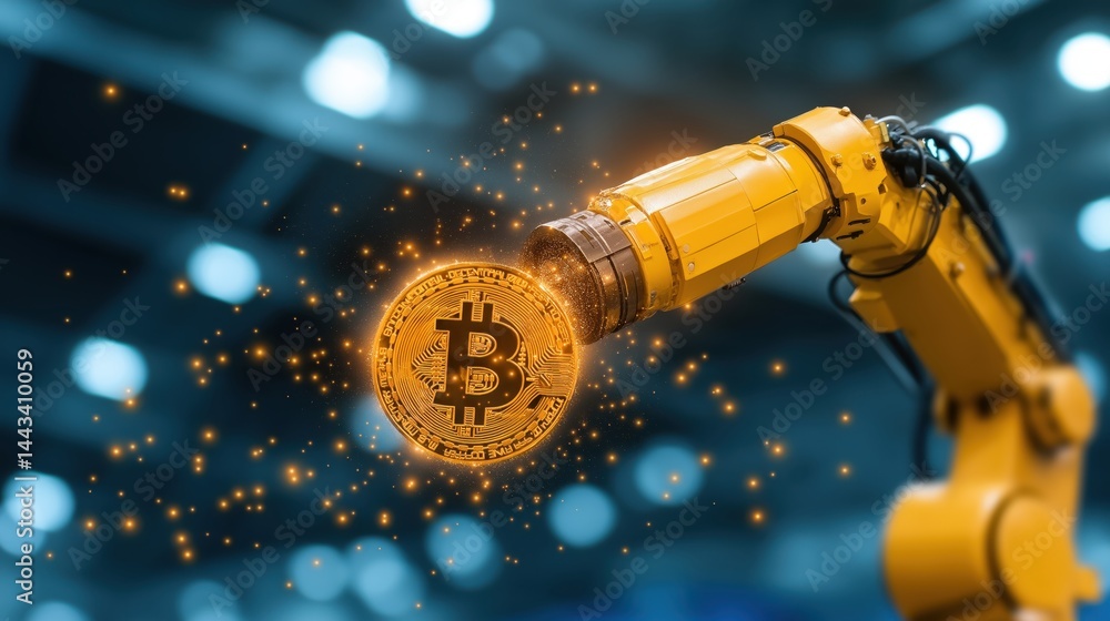 Innovative automated production line showcasing robotic arm handling cryptocurrency coins in a contemporary manufacturing setting
