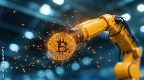 Innovative automated production line showcasing robotic arm handling cryptocurrency coins in a contemporary manufacturing setting