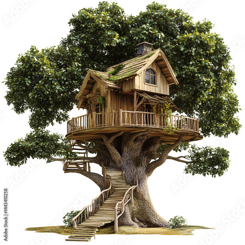 Whimsical wooden treehouse with winding staircase nestled in lush green foliage, fantasy architecture concept for childhood dreams and imaginative play