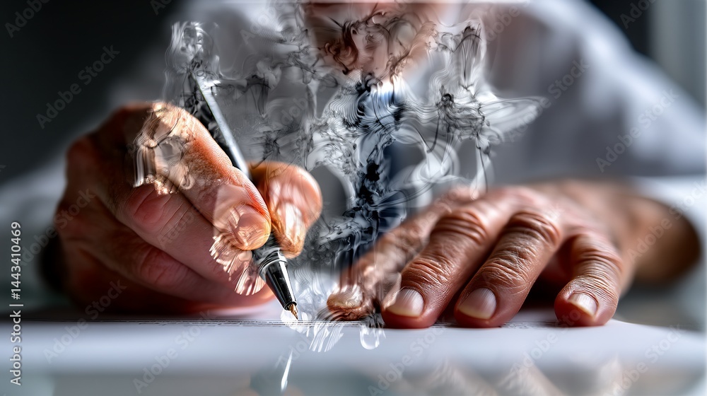Obraz premium Hands writing with smoky figures overlay on paper. Concept of ideas