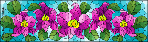 An illustration in the style of a stained glass window with orchid flowers on a blue sky background